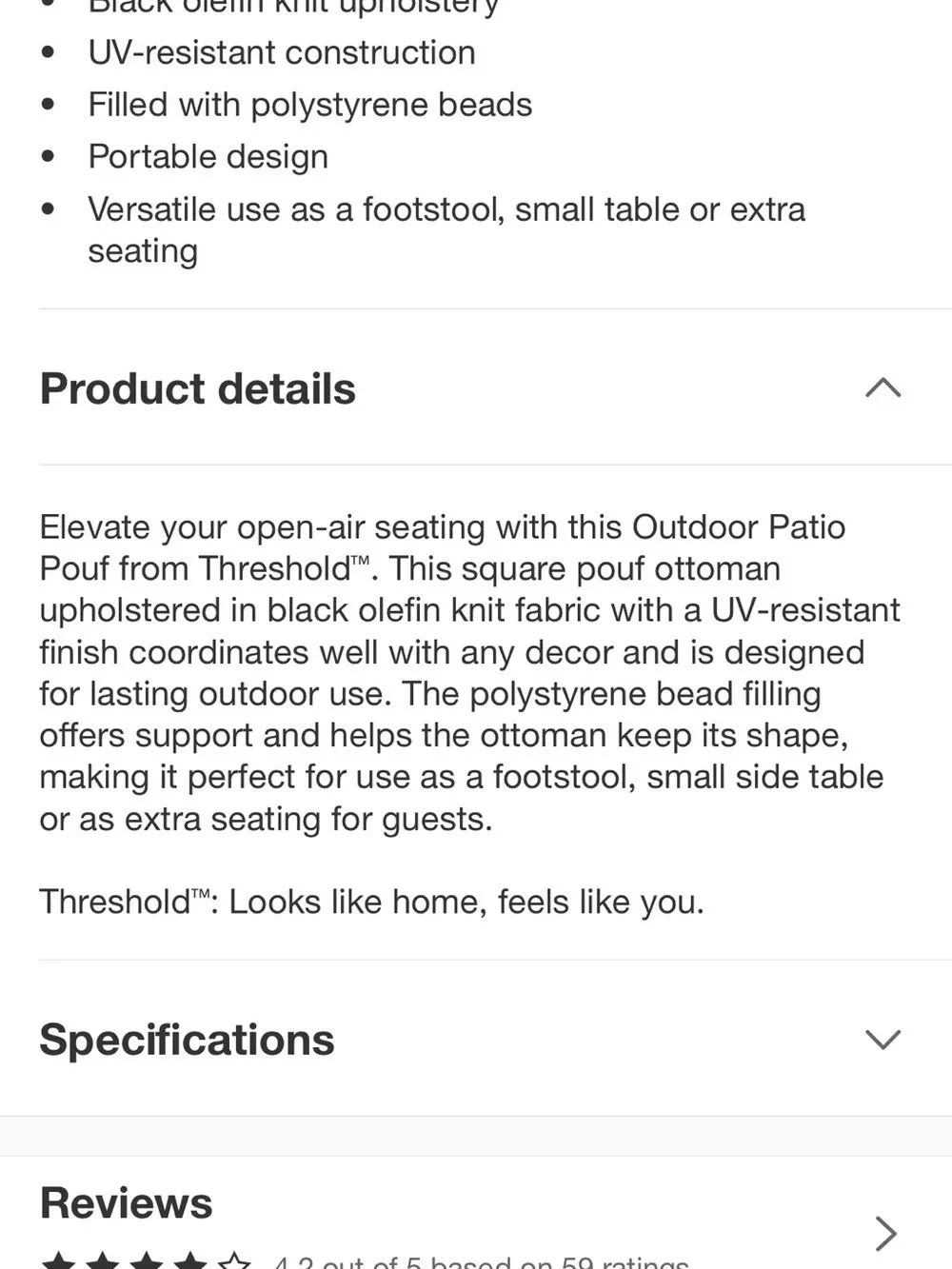 Threshold Outdoor Patio Pouf Black